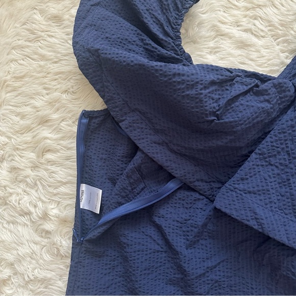 Cuyana Seersucker Flounce Top 100% Cotton Ruffle Asymmetrical Textured Blue Sz L - Picture 8 of 12